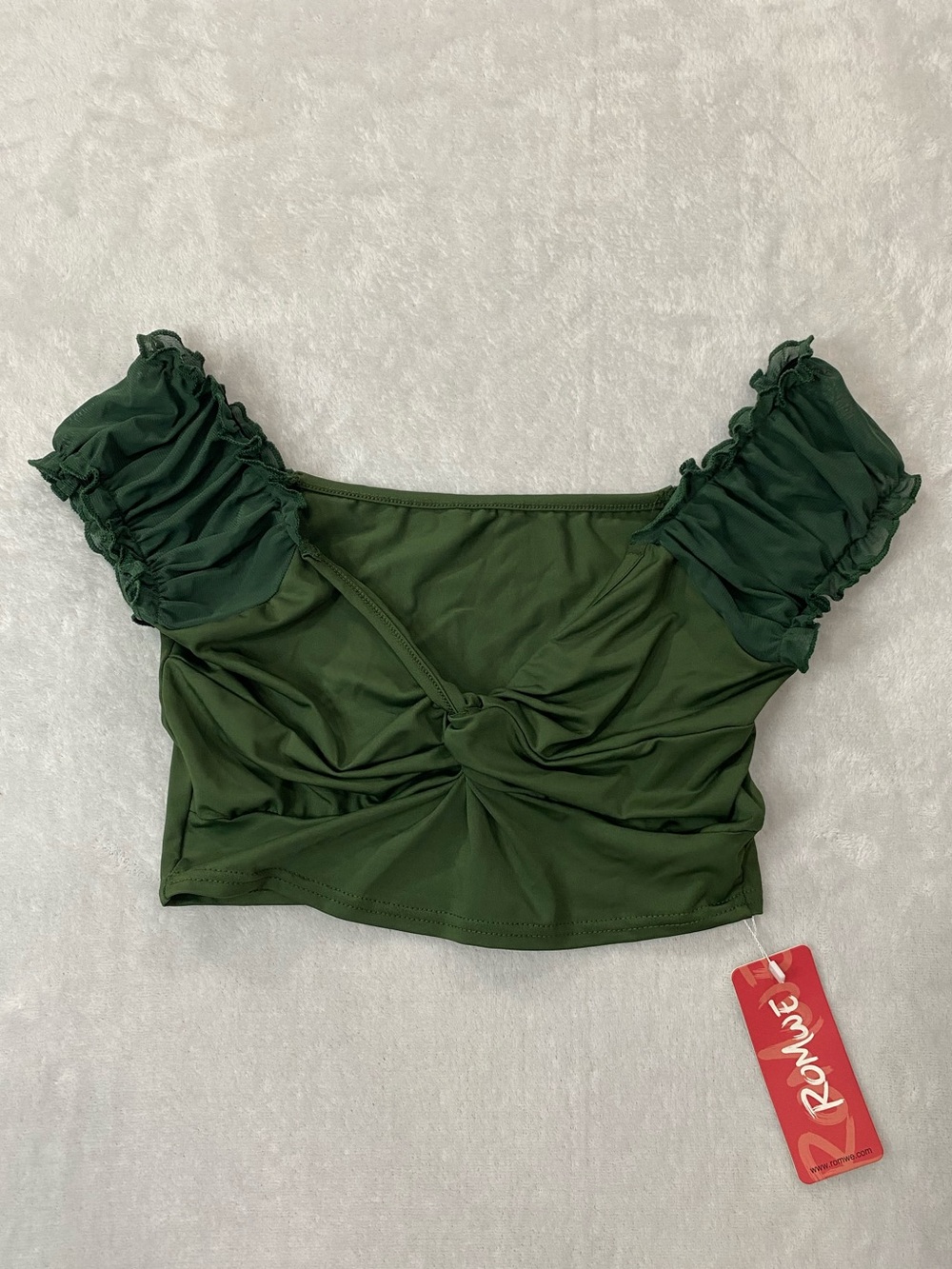 ROMWE Olive Green Ruched Shoulder Crop Top - (S)